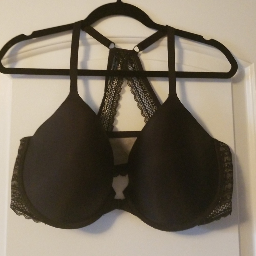 Front closure black bra with lace racer back